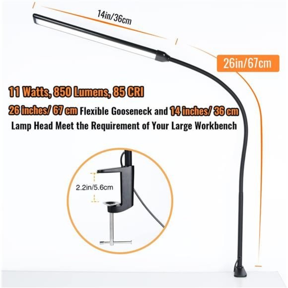 LED Desk Lamp with Clamp, Clamp Light, Tall Desk Lamp with Long Gooseneck, 11W - Picture 2 of 6